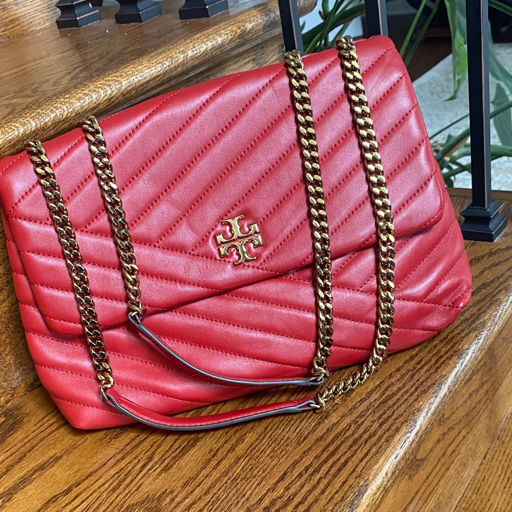 Tory Burch Red Quilted Leather Chain Shoulder Bag with Gold Hardware